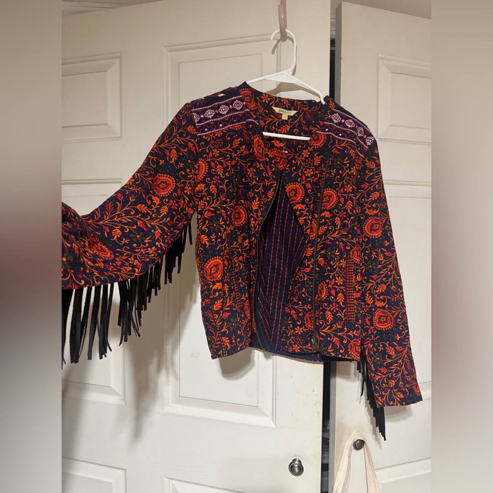 Global Desi Navy Jacket with Orange Floral Design